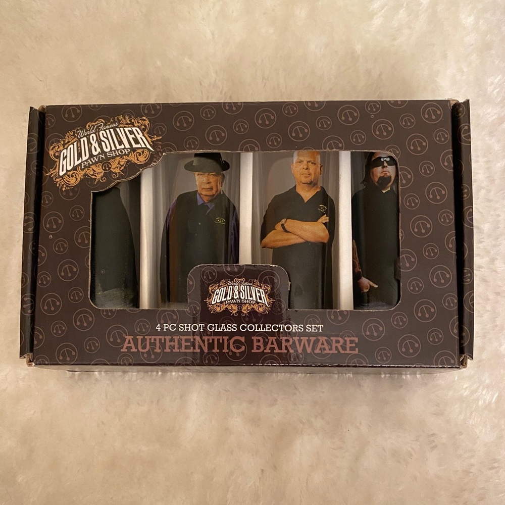 Pawn Stars Set of 4 Collectible Picture Shot Glasses Gold & Silver Pawn Shop